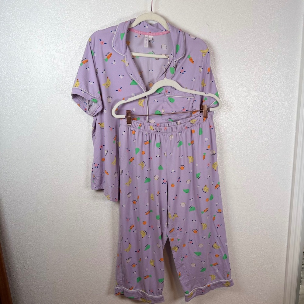 Joyspun Womens Pajama Set Lavender Purple Fruit Print Shirt Crop Pants L 12-14